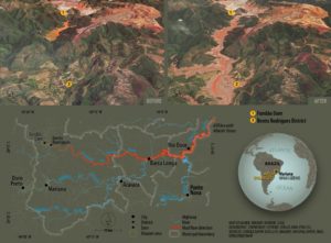 Figura 1: Representações, em diferentes escalas, do desastre causado pelo rompimento da Barragem de Fundão em Mariana, Minas Gerais (2015). Mapa de Herbert Pardini, 2021. CC BY-NC-ND 4.0.