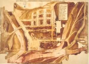 Figura 2: Mapa da cidade de Mariana mostrando, na parte inferior, uma das enchentes que assolaram a cidade no século XVIII. Autor desconhecido, s.d.. Biblioteca de Mapas do Itamaraty, Rio de Janeiro. MI (in. 874).