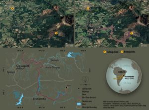 Figura 3: Representações, em diferentes escalas, do desastre causado pelo rompimento da barragem de rejeitos em Brumadinho, Minas Gerais (2019). Mapa de Herbert Pardini, 2021. CC BY-NC-ND 4.0.